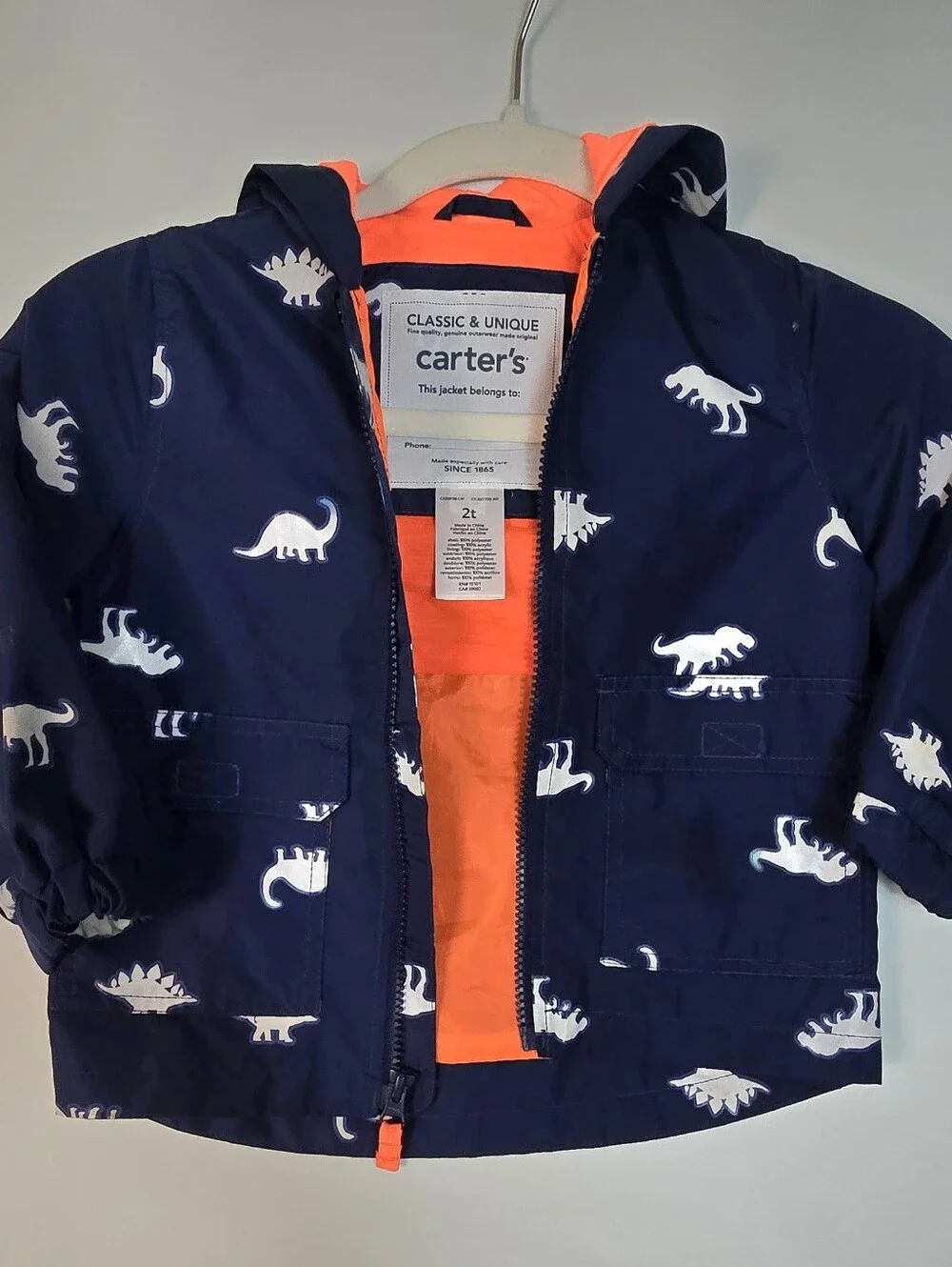 Carter's Navy Hooded Raincoat with Orange Lining and White Dino Print
